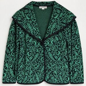 Pendleton 100% Merino Wool Paisley Jacquard Cardigan Sweater Green Black S Retro